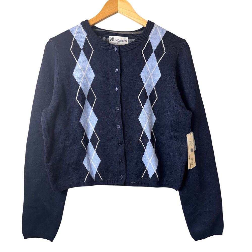 NWT Argyle Sweater Womens Large Cardigan Navy Blue Academia Preppy Comfortable